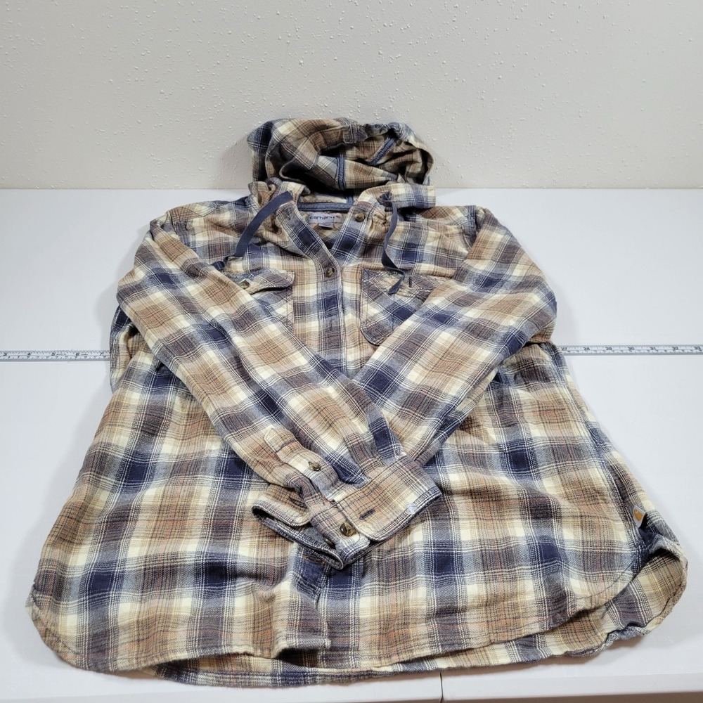 Carhartt Women's Hooded‎ Button Down Flannel Shirt Size 8/10 Medium Plaid